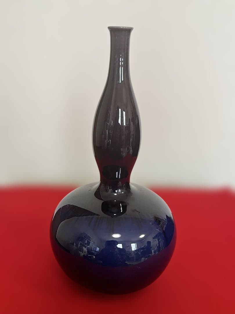 三代 徳田八十吉（正彦銘）深厚釉 瓢型 線文 花生 約29.5㎝ T306