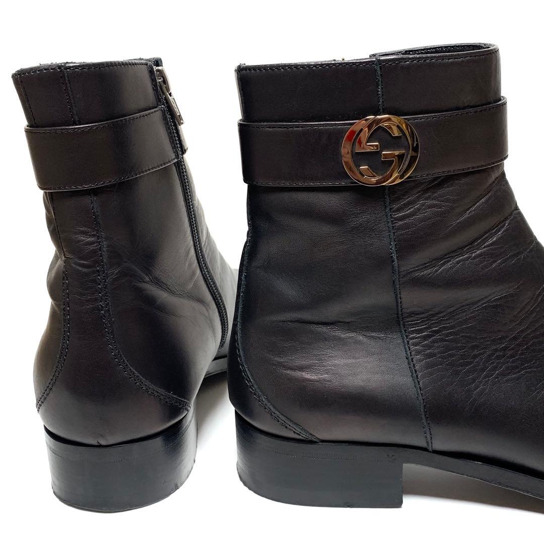 良品 グッチ インターロッキングG サイドジップ レザー ブーツ 黒 イタリア製