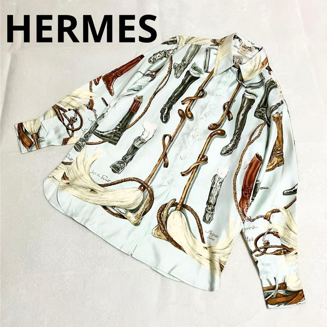 ★美品★エルメス　シルクシャツ　シルクブラウス　40 ブーツ柄 馬具柄