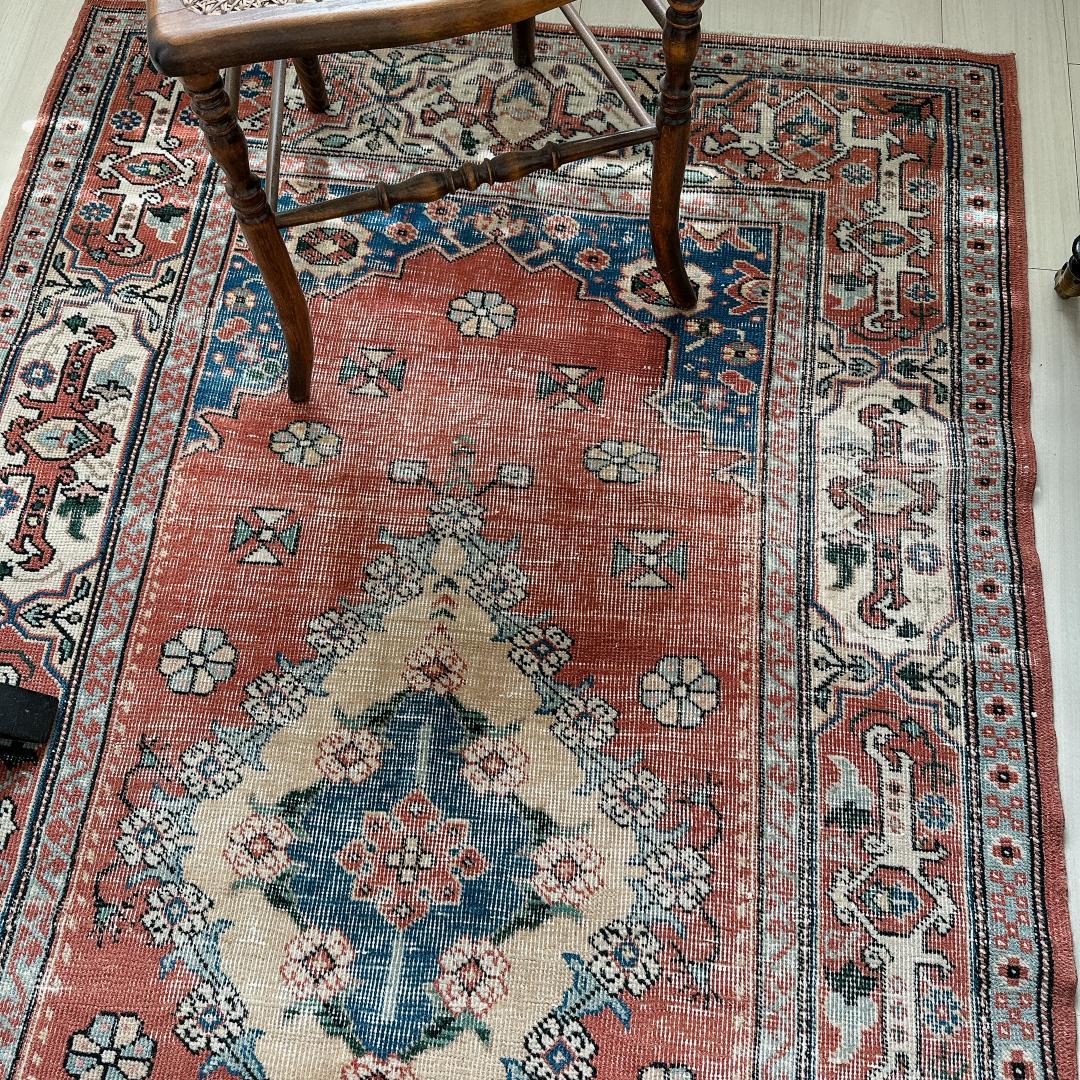 トルコヴィンテージラグ A51 レア オレンジ テラコッタ ネイビー グリーン