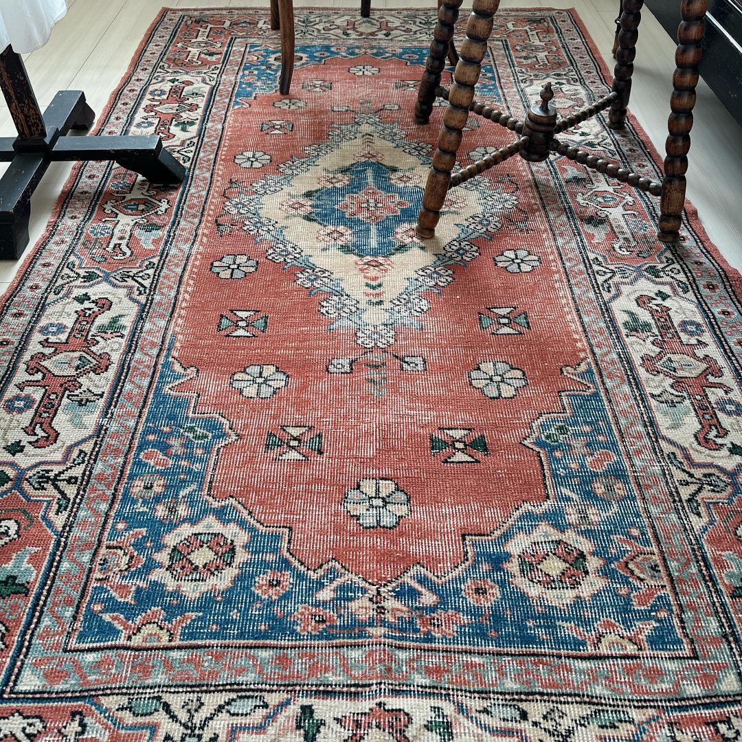 トルコヴィンテージラグ A51 レア オレンジ テラコッタ ネイビー グリーン