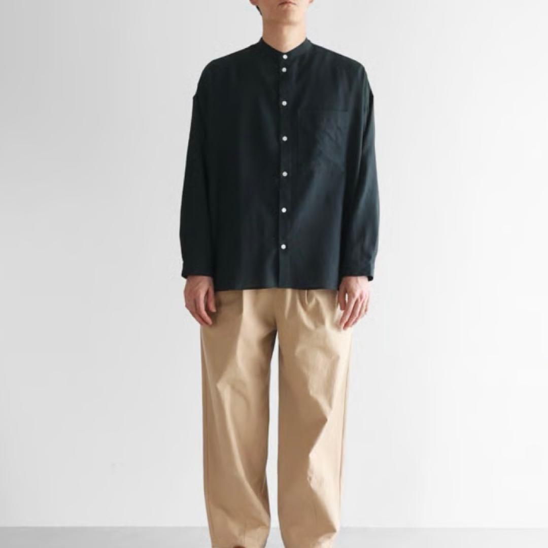 HUIS/ 遠州織物ウォッシャブルウール バンドカラー オーバーシャツ