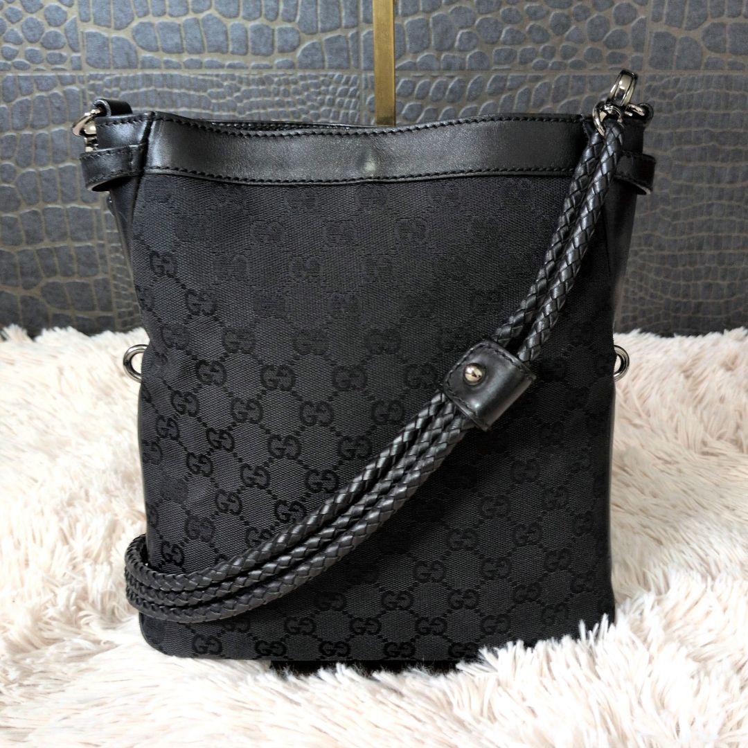 【良品】GUCCI グッチ ショルダーバッグ キャンバス レザー 黒