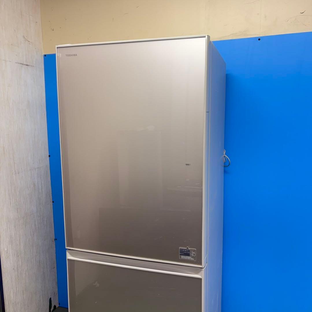 717 東芝大型冷蔵庫　400L強　小型　家庭用　ガラスパネル　左開き　家庭用