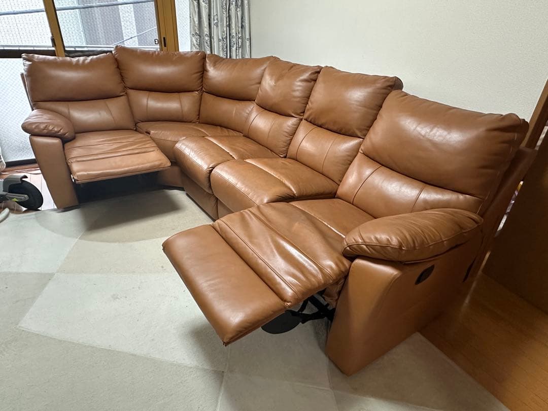 ブラウン レザー コーナーソファ リクライニング