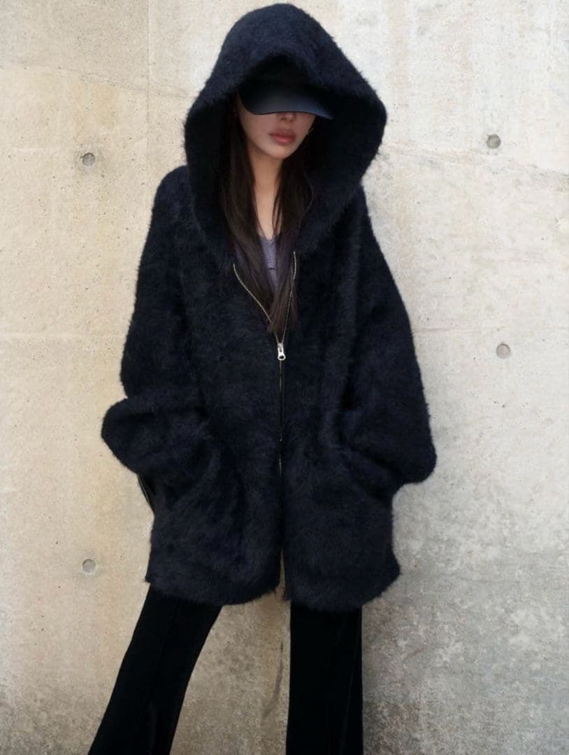 Glam Lips SHAGGY ボンディング KNIT ZIP フーディー