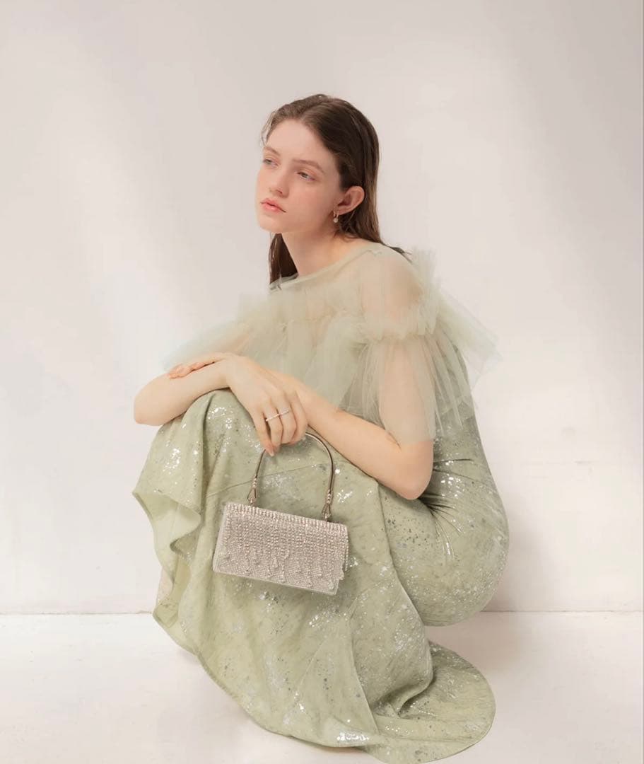 美品 チュールフリルボレロペイントマーメイドワンピースドレス GREEN