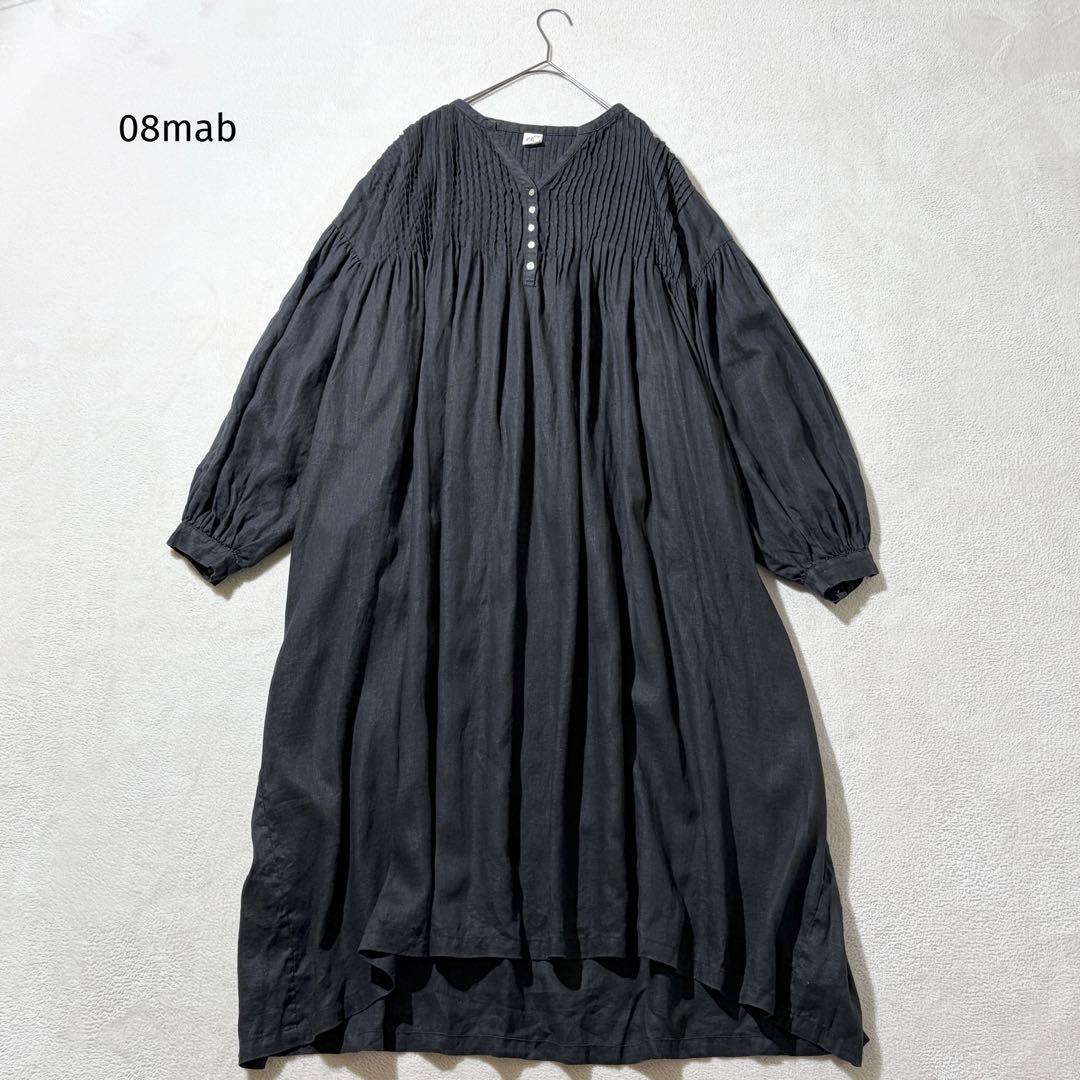 08mab ゼロハチマブ　ピンタック リネン ワンピース　ロング　麻100% 黒
