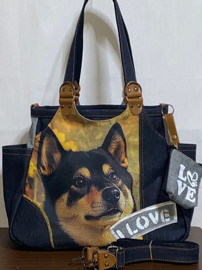 ☆ハンドメイド☆岡山デニム☆黒柴犬☆4wayあおりバッグ