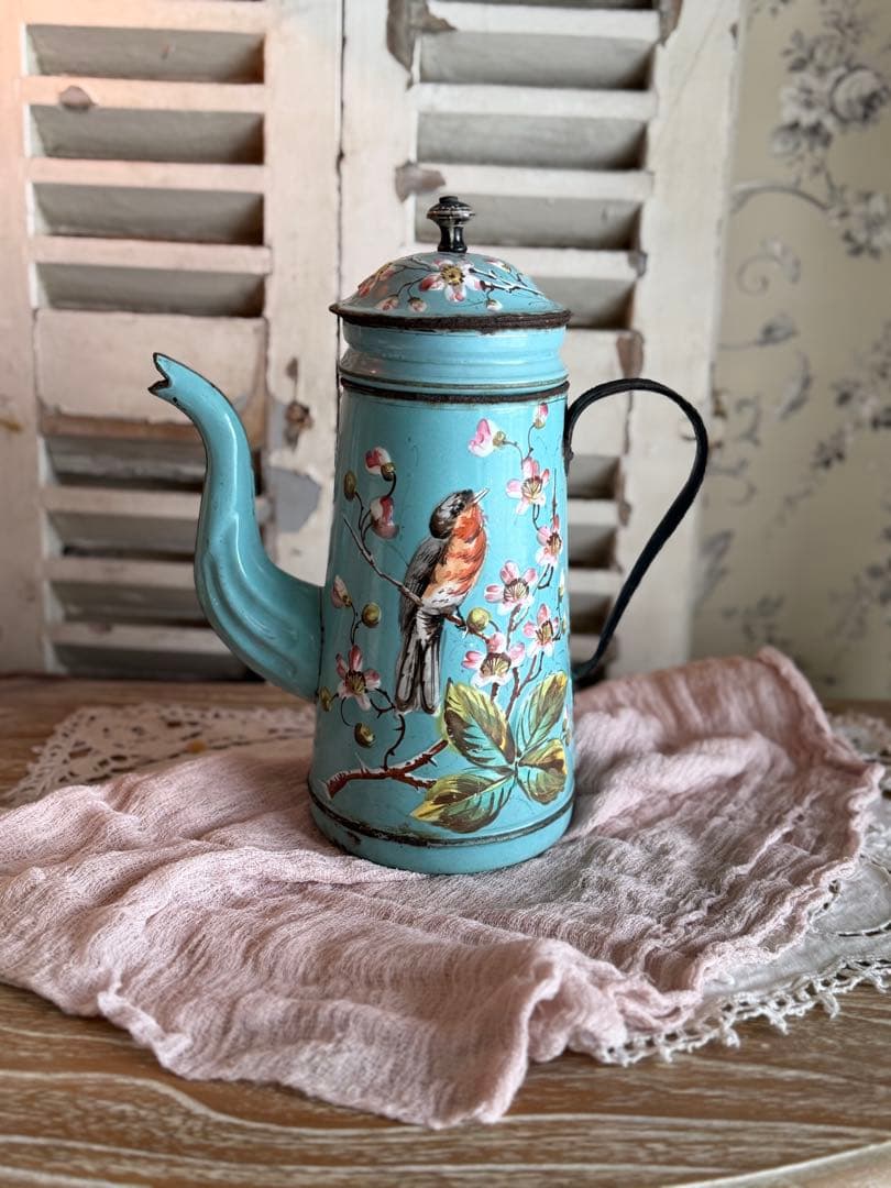 激レア！オールハンドペイントフランスアンティーク水色に小鳥柄のホーローポット