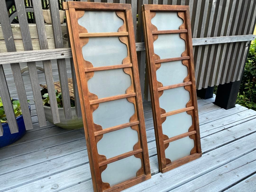 和風木製　欄間　2枚セット　すりガラス付き　アンティーク　レトロ