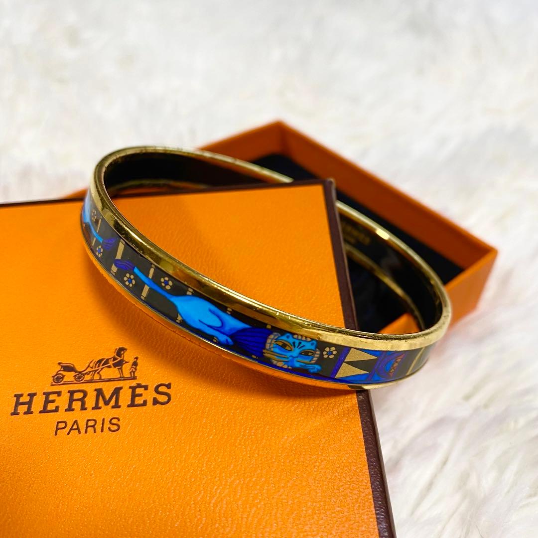 HERMES エマイユ　七宝焼　バングル　ブレスレット　猫　アニマル　ブルー