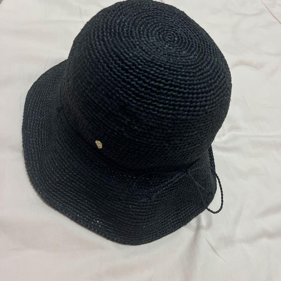 ヘレンカミンスキーラフィア100%ブラック　ブリム8cm 金具ゴールド