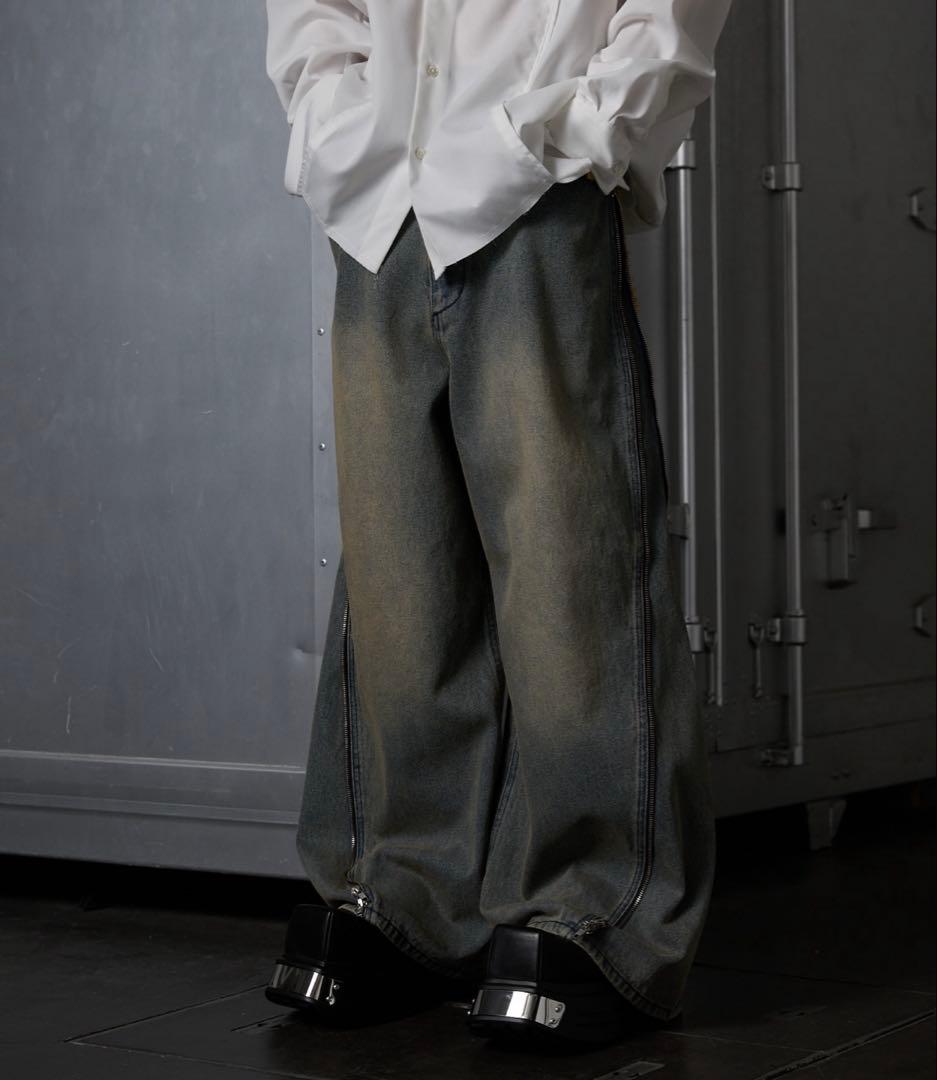 GRANCY ジップデザイン バギーデニム パンツ ブルー L