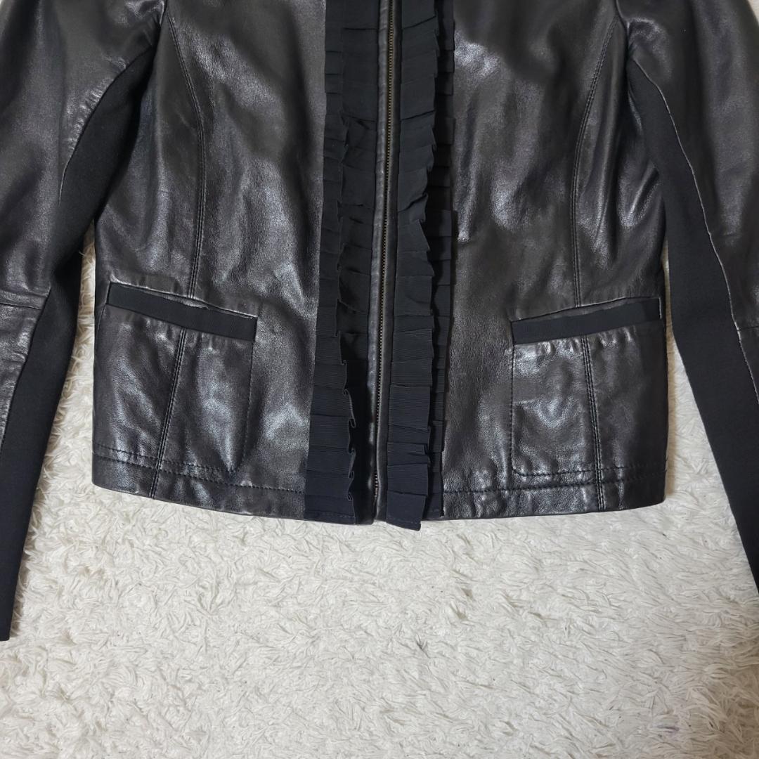 マックスマーラ　ノーカラージャケット　ラムレザー　フリル　2XL相当　ブラック