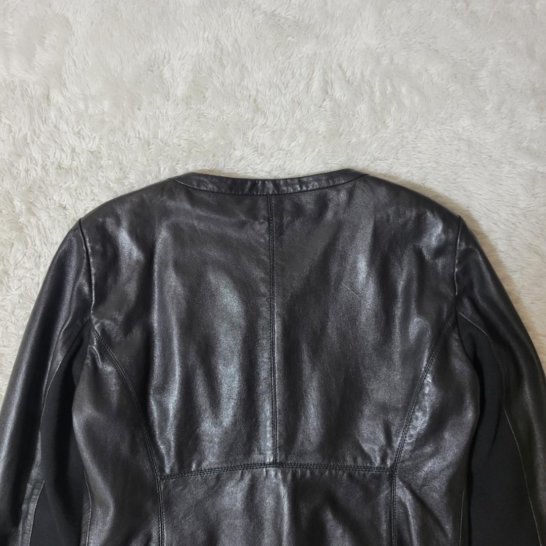 マックスマーラ　ノーカラージャケット　ラムレザー　フリル　2XL相当　ブラック