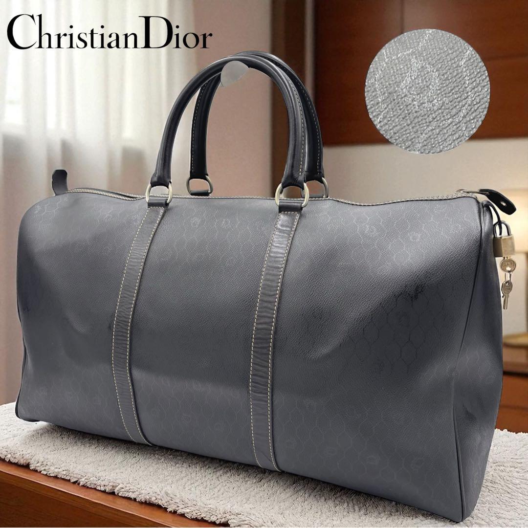 ディオール ハニカム柄 レザー ボストンバッグ ハンドバッグ 旅行かばん グレー