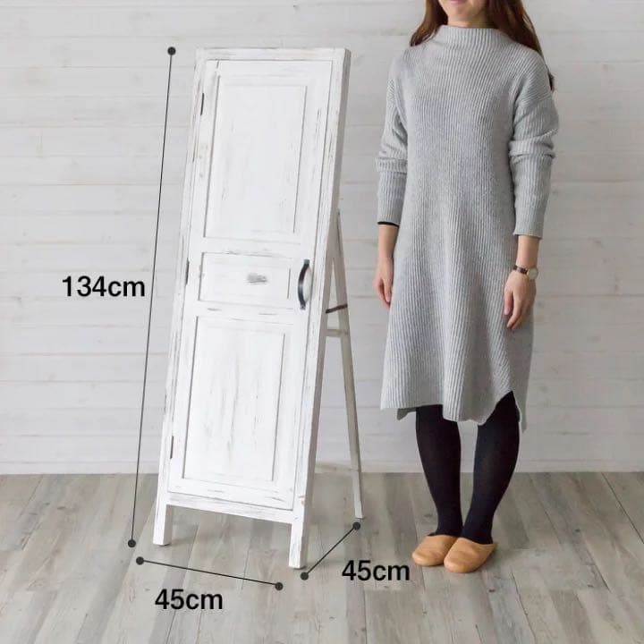 アンティーク ドア風 扉付き 木製姿見 おしゃれ全身鏡 韓国風インテリア