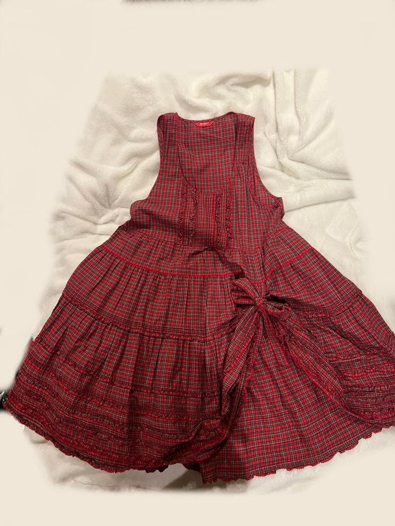 ピンクハウス　たくしあげ　タータンチェック　ワンピース　赤