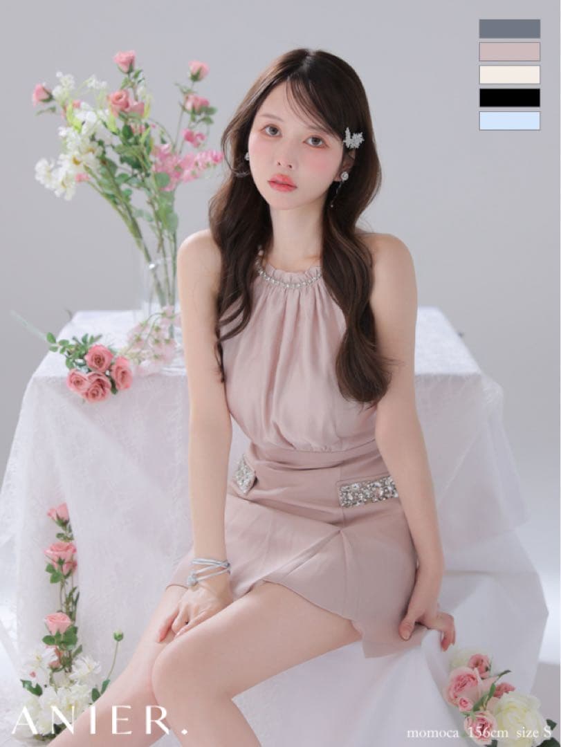 ローブドフルールサテンビジューミニドレス