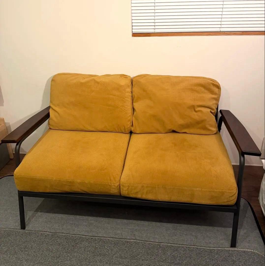 2人がけソファ　アイアン　黄色　コーデュロイ　イエロー
