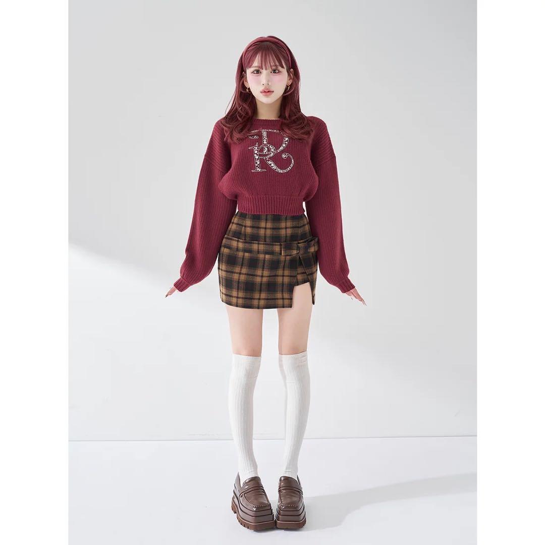 新品タグ付き ダーリッチ スリットチェックリボンミニスカート ブラウン S