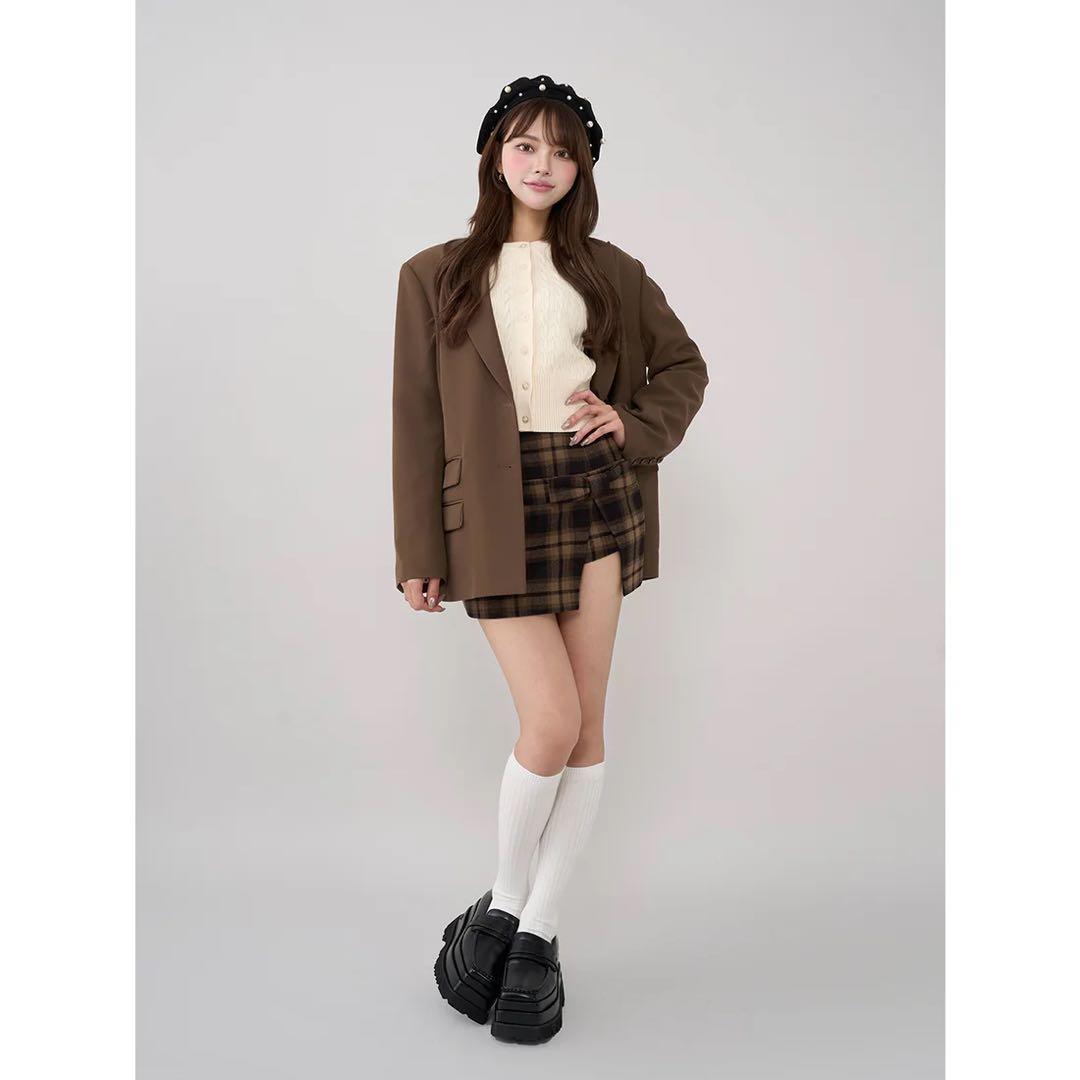 新品タグ付き ダーリッチ スリットチェックリボンミニスカート ブラウン S