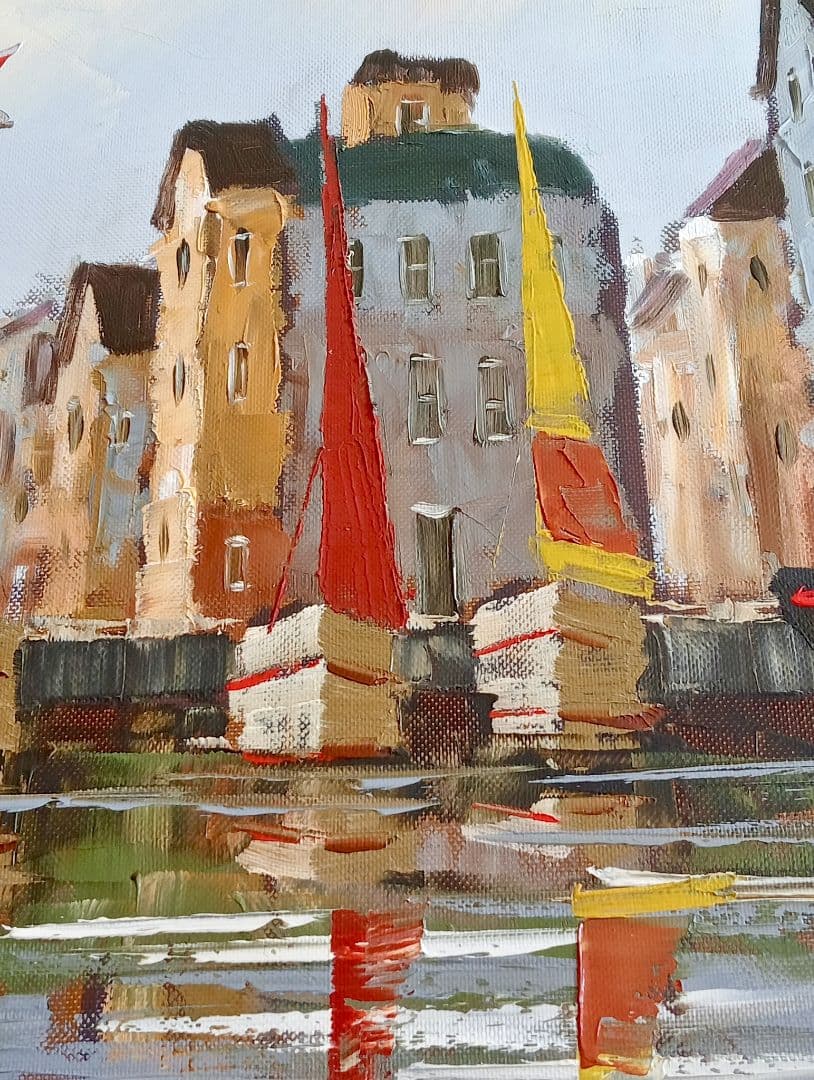 額縁付 １点物 油彩画 黒沢久 風景画『オンフルール』56 × 63cm