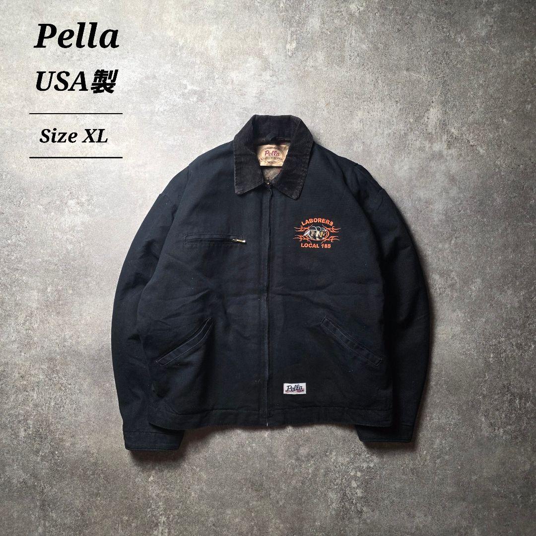 USA製デトロイトジャケットダック地Pella企業ロゴ短丈裏チェックブラックXL