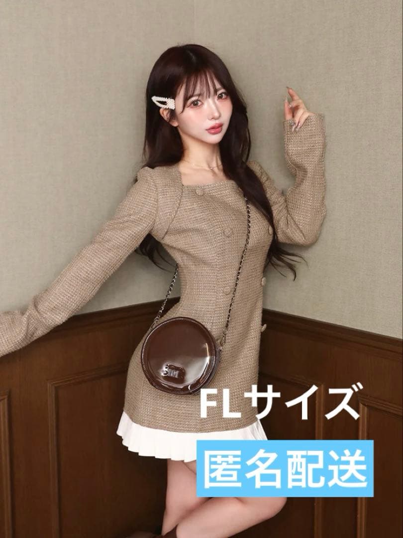 【新品】ダーリッチ　プリーツドッキングツイードミニワンピース ブラウン　FL