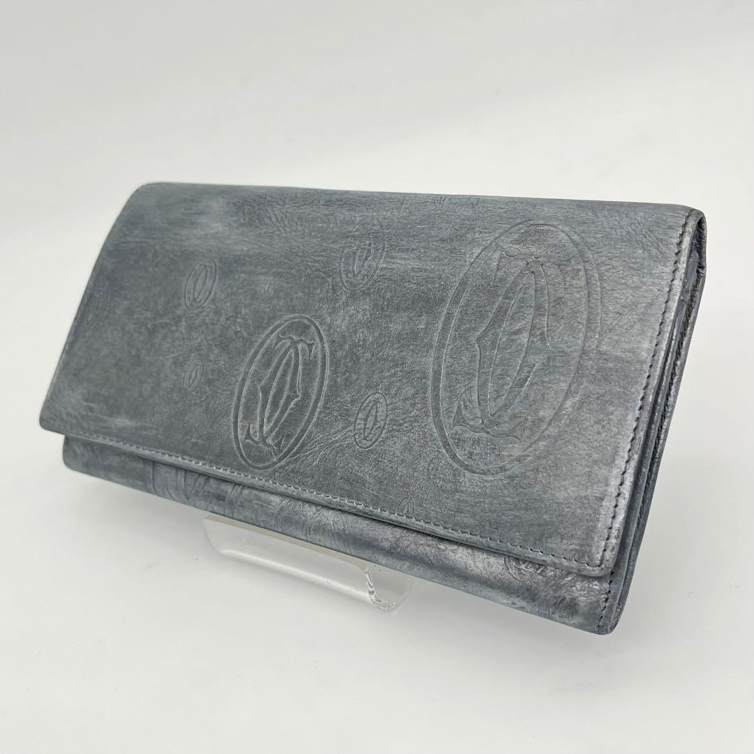 カルティエ 長財布 フラップ ハッピーバースデー ロゴ型押し レザー シルバー