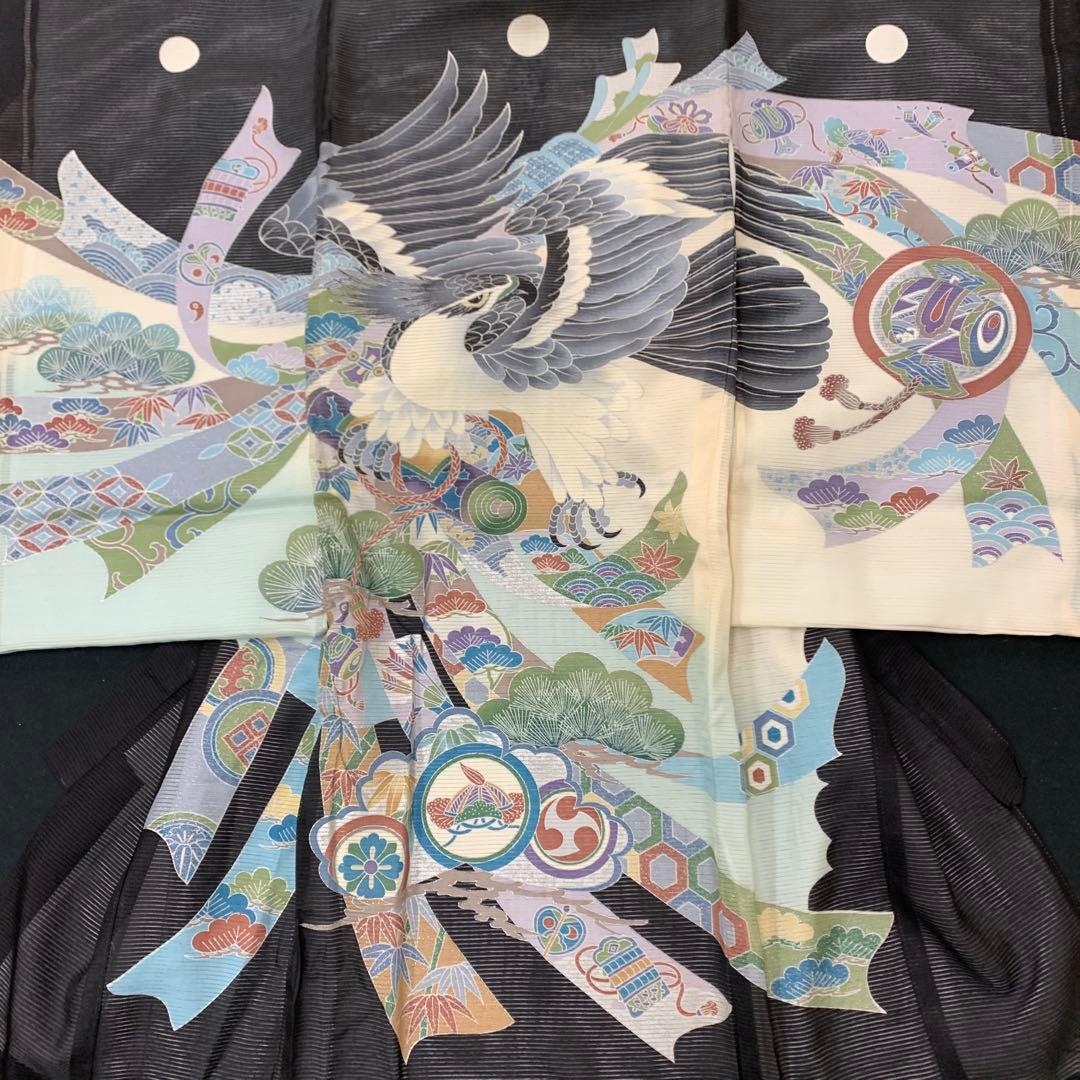 as様紋代込み夏物単衣新品絽生地 祝着　京友禅工芸染　大鷹と大王松熨斗豪華祝い文