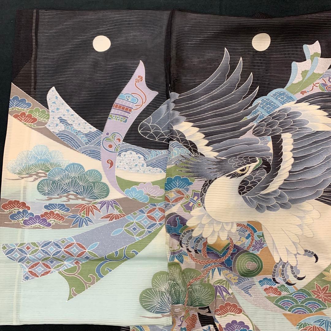 as様紋代込み夏物単衣新品絽生地 祝着　京友禅工芸染　大鷹と大王松熨斗豪華祝い文