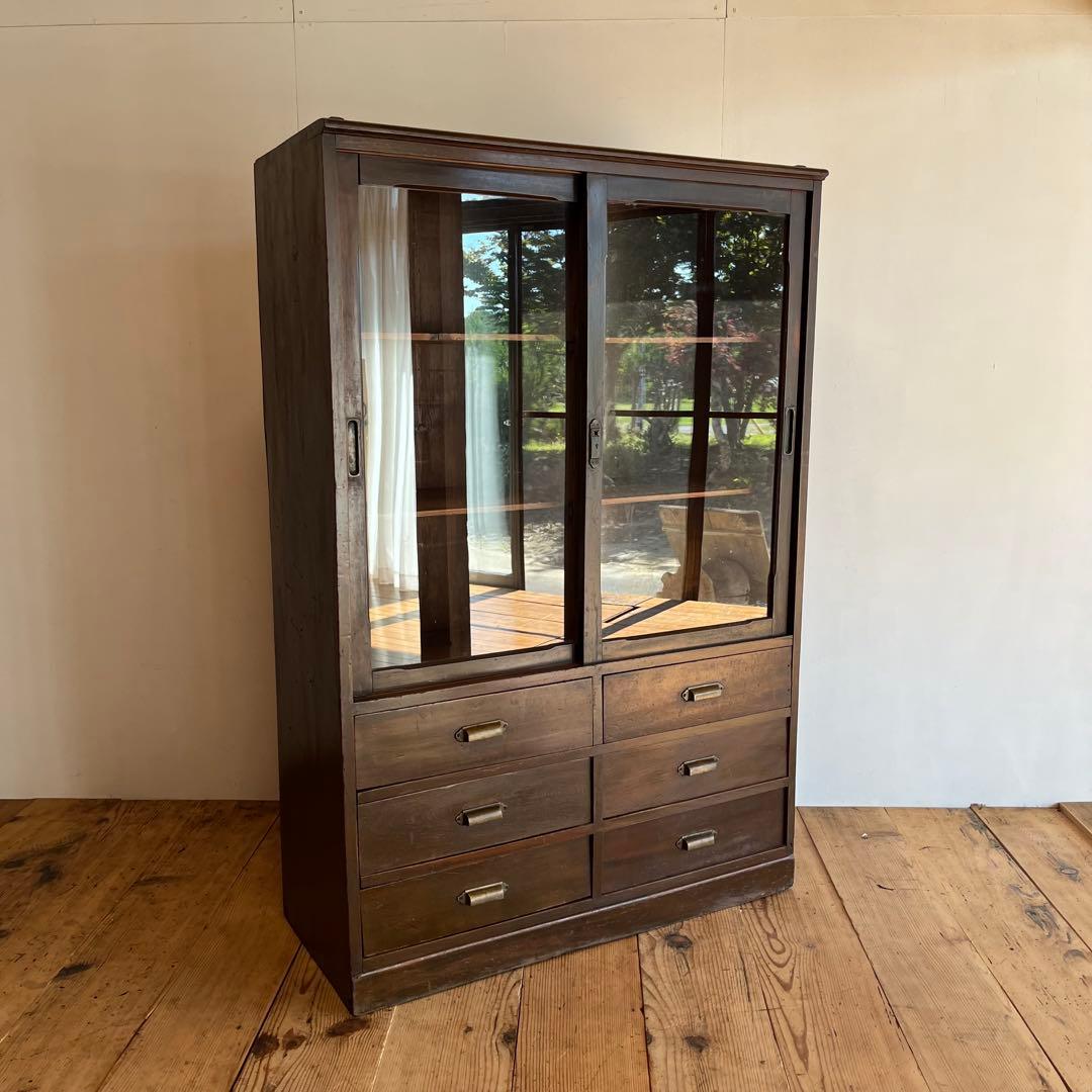 アンティーク ガラス戸棚 キャビネット 水屋箪笥 食器棚 本棚 y135
