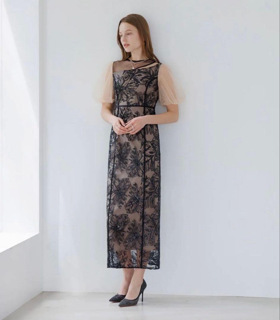 【 leja 】アシンメトリーシアーフラワーワンピースドレス