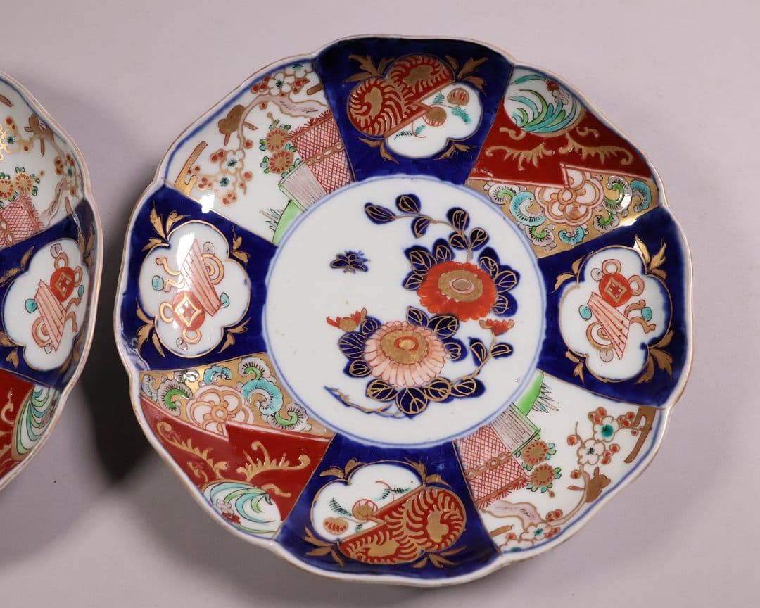 【CM120】古伊万里 色絵 中皿 2枚 盛皿 幅22.3cm 錦手 花鳥 草花