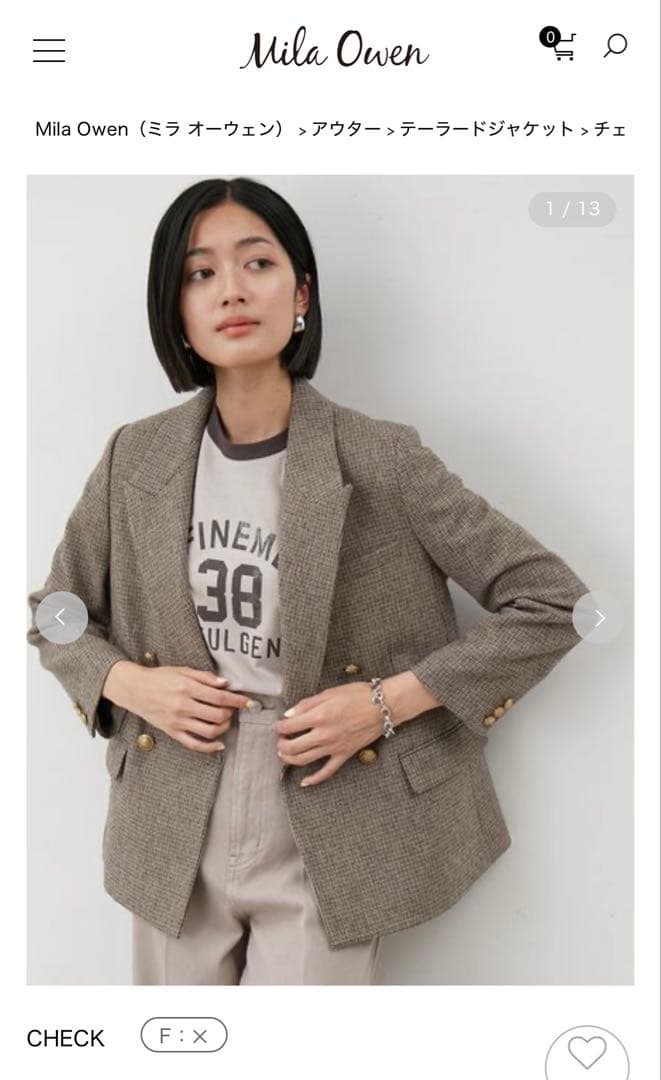 新品　今季　ミラ オーウェン　チェック金釦ダブルブレストブレザー