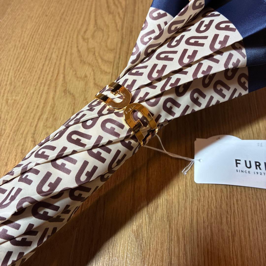 【未使用品】フルラ ロゴ 総柄 晴雨兼用 長傘 日傘 ネイビー×ホワイト