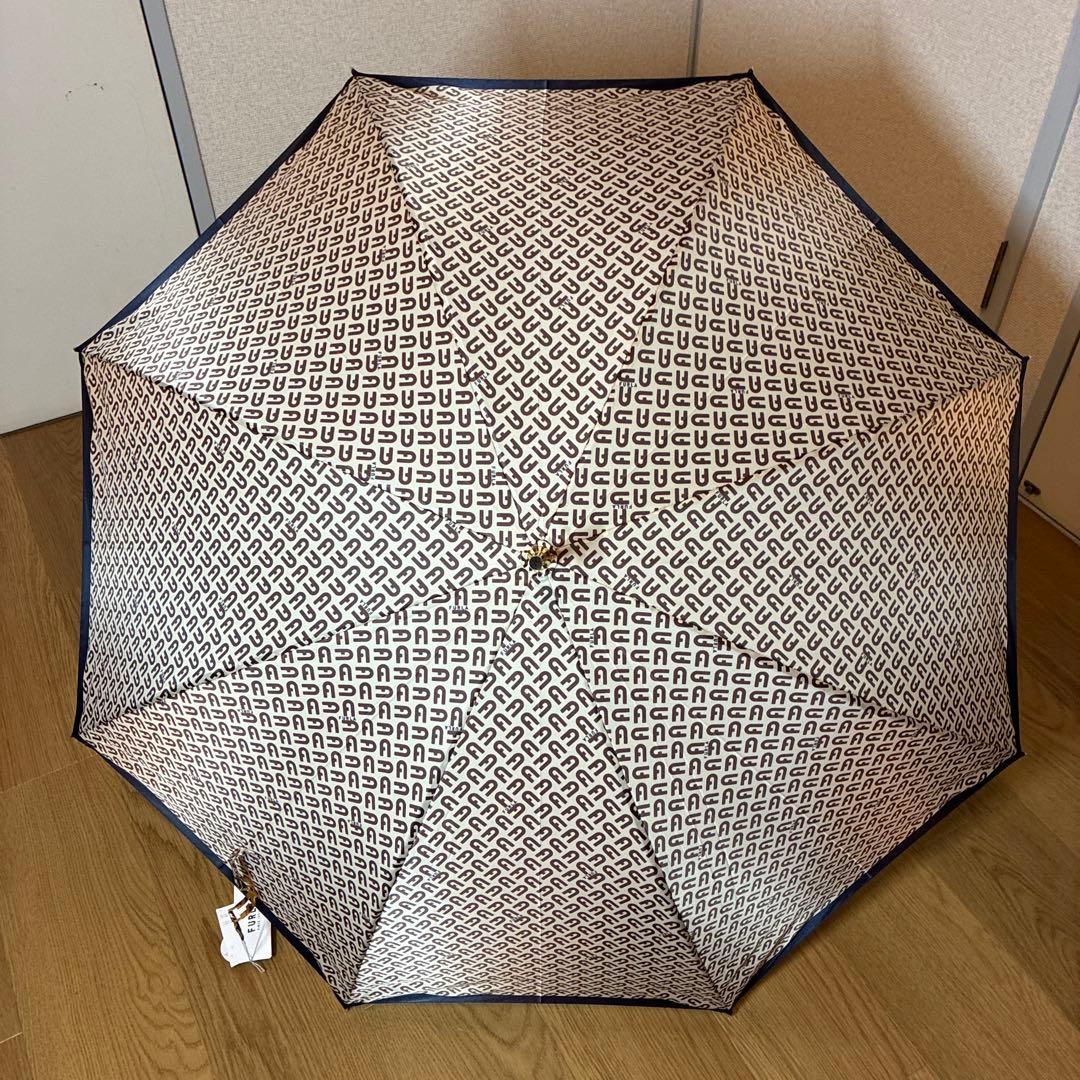 【未使用品】フルラ ロゴ 総柄 晴雨兼用 長傘 日傘 ネイビー×ホワイト