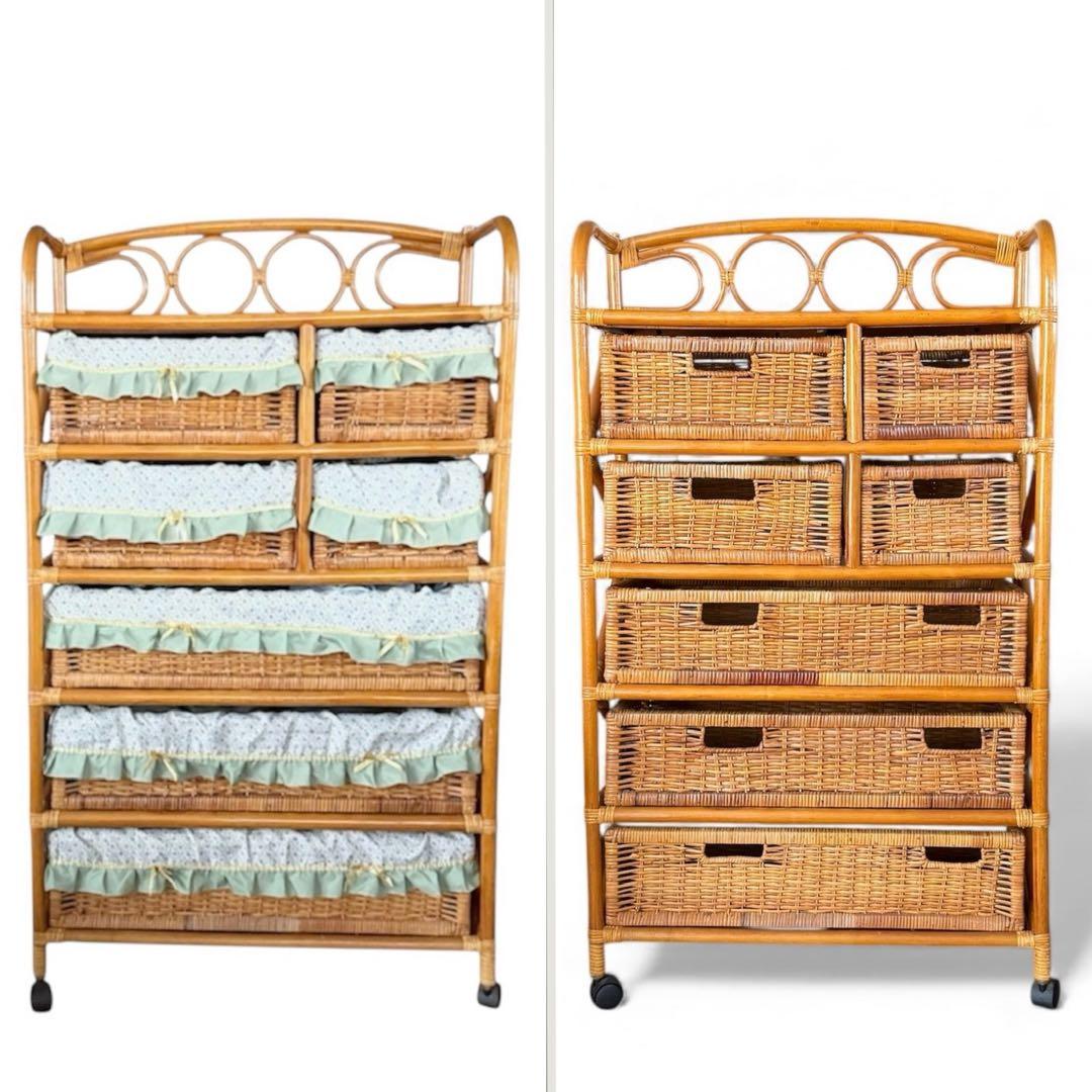 5段収納チェスト　キャスター付　天然素材　高さ約120cm　大型