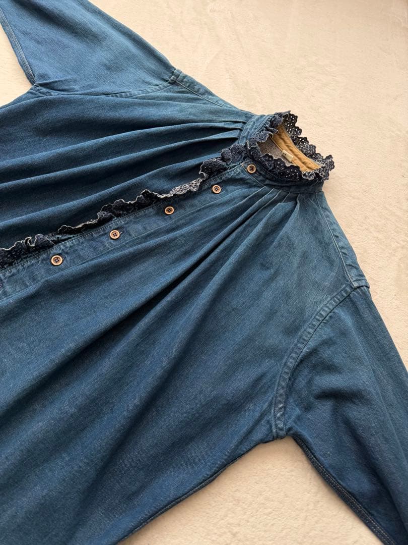 45R デニム インディゴ シャツ カットワークレース スタンドネック フリル襟