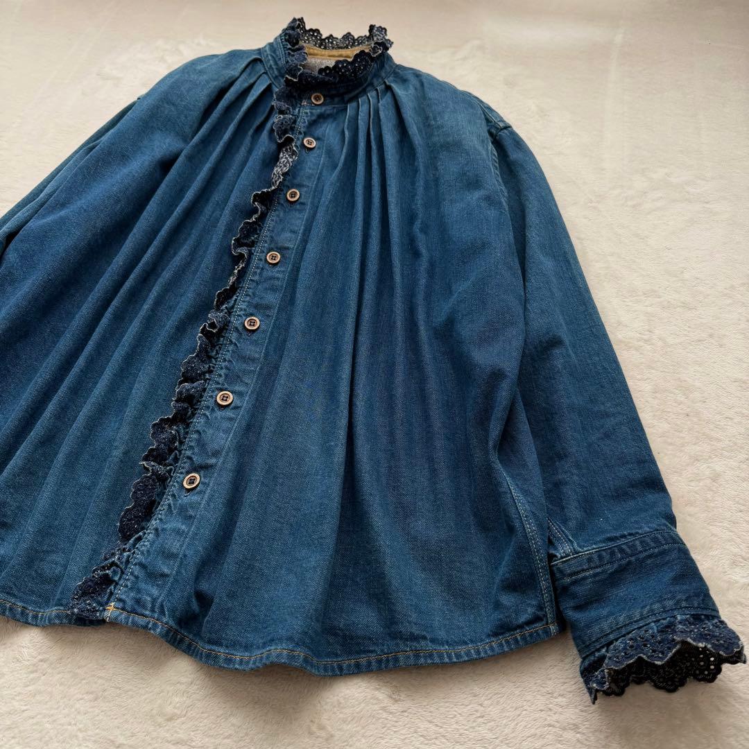 45R デニム インディゴ シャツ カットワークレース スタンドネック フリル襟