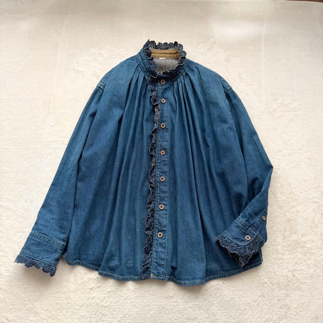45R デニム インディゴ シャツ カットワークレース スタンドネック フリル襟