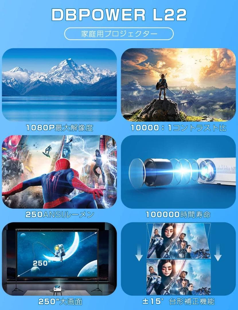 8000ルーメン 小型 ホームプロジェクター スマホ接続