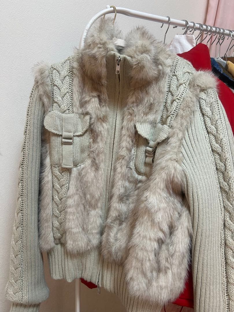 LAGUA GEM CABLE KNIT FAUX FUR ブルゾン アイボリー