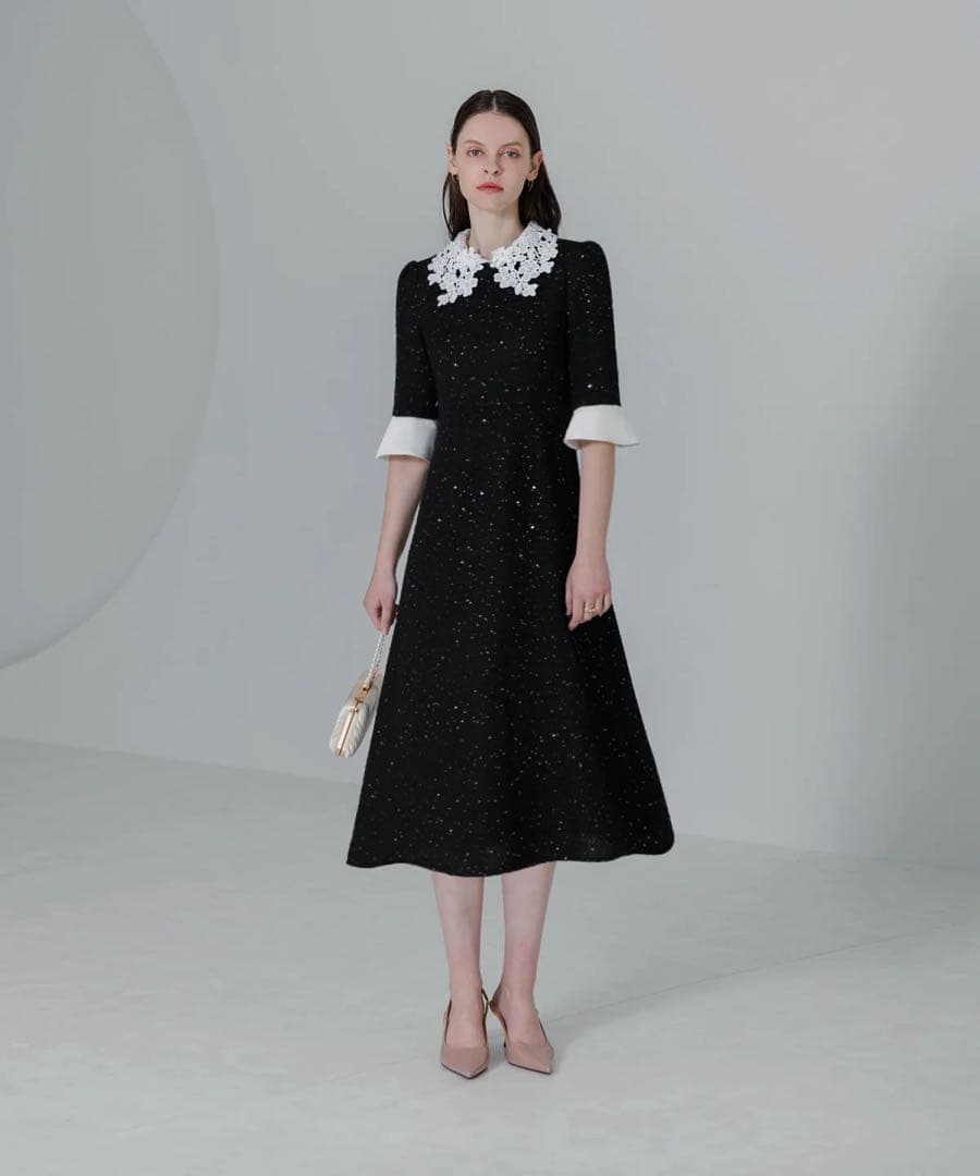 【LEJA】花柄レースカラースパンコール刺繍Aラインフレアドレスワンピース