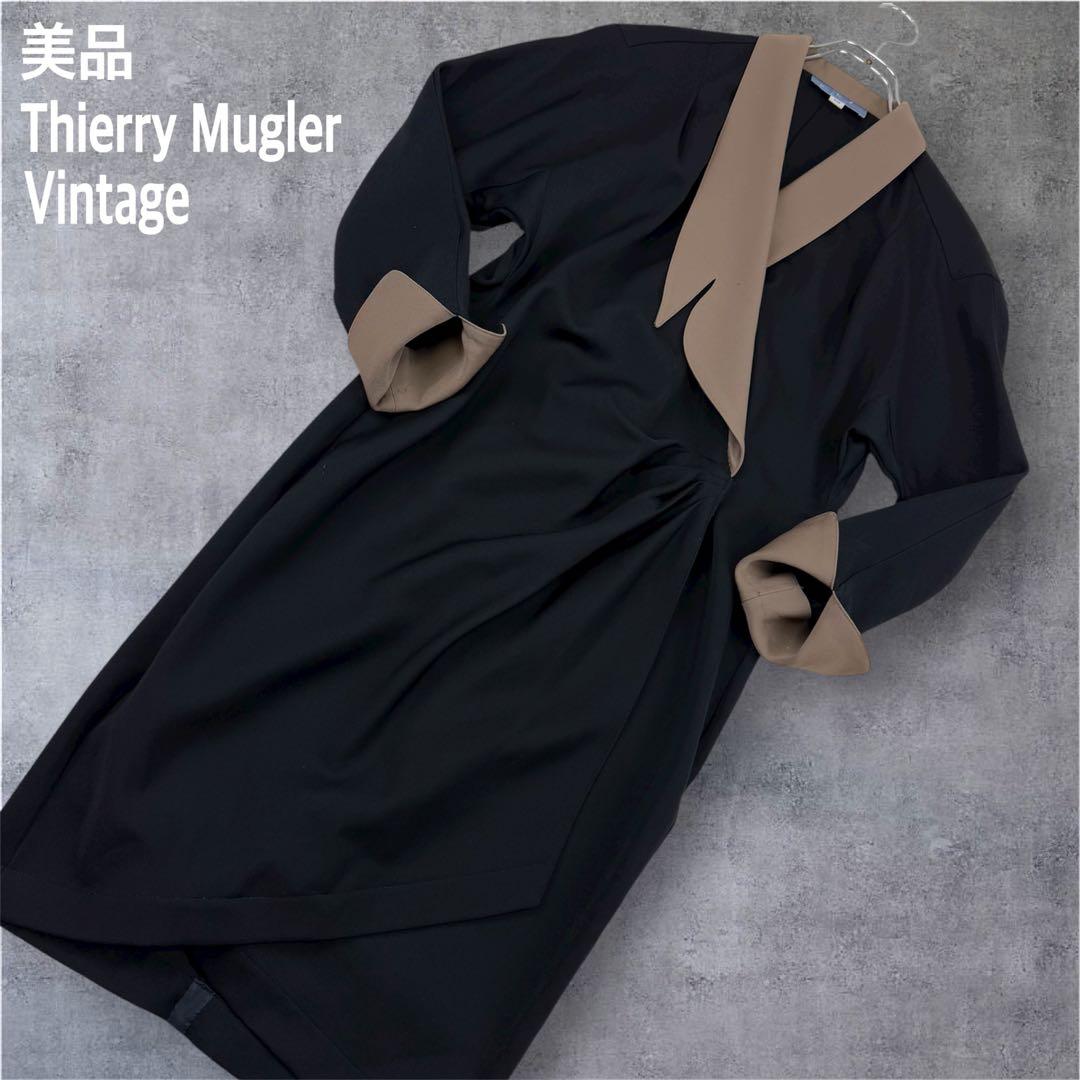 美品 ティエリーミュグレー オールド コート ウールギャバジン ワンピース 黒