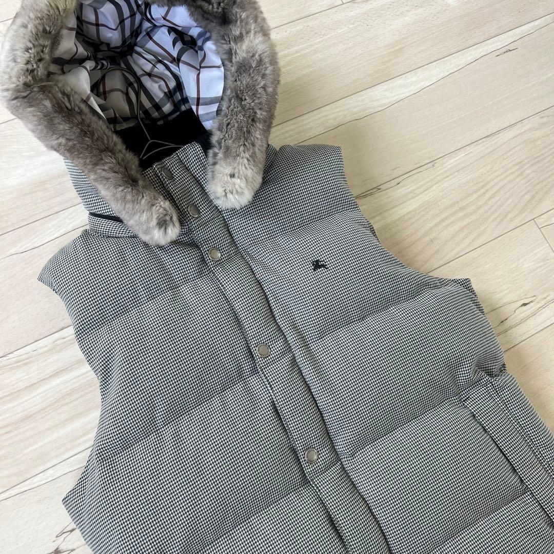 バーバリーブラックレーベル 千鳥 フード リアルファー ダウン ベスト L