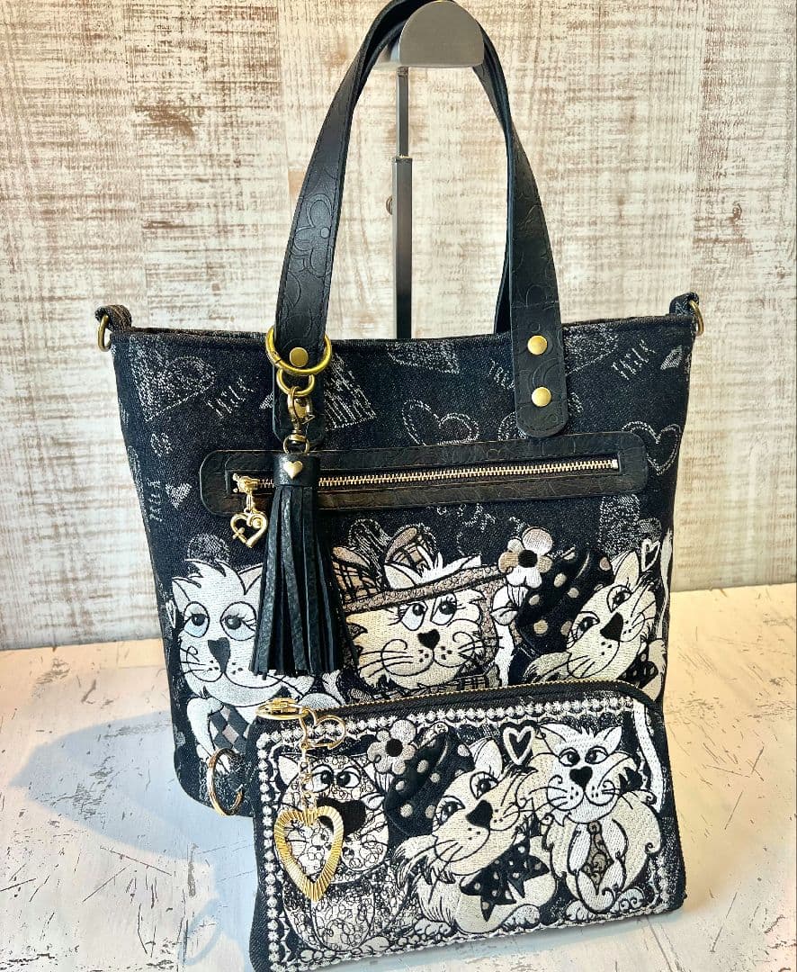 ロラライハリス♡ブラック英字デニム生地♡刺繍の楕円底バッグ♡長財布セット♡