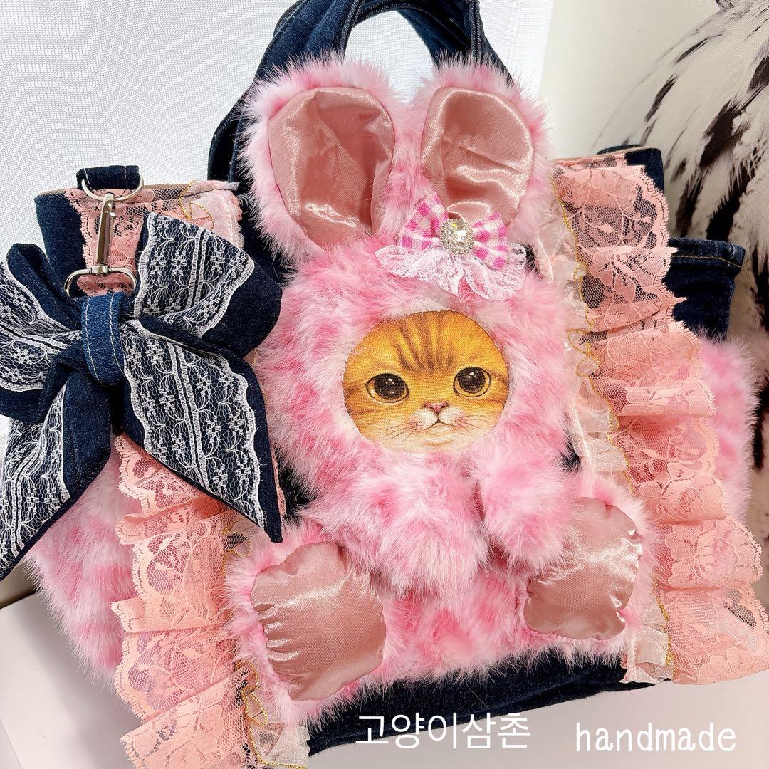 カ*ミ様 コヤンイサムチョン　バック　ピンクレオ×こいんちゃん　デニムリメイク